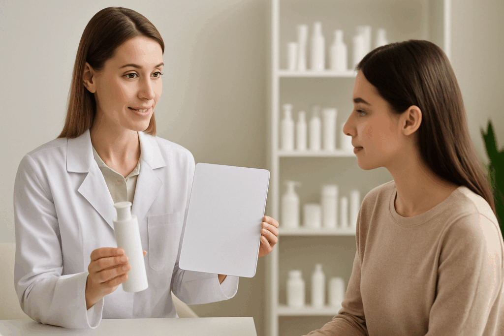 Dermatologist showing skincare product to patient during consultation, illustrating how retinol helps with acne scars in clinical settings