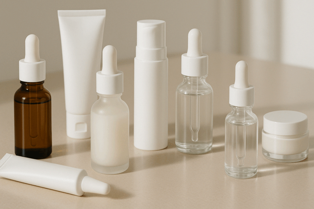 Curated flat lay of retinol skincare products in various containers, illustrating how retinol helps with acne scars through diverse formulations.