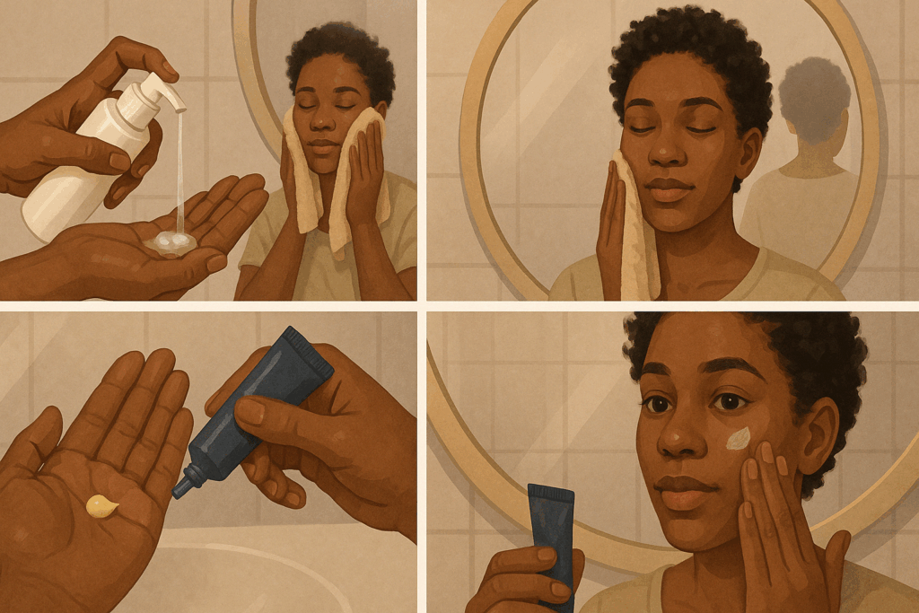 Step-by-step nighttime skincare routine showing how retinol helps with acne scars, from cleansing to moisturizing.