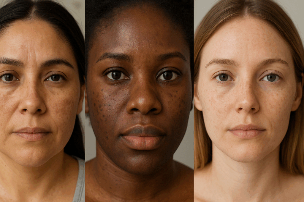Side-by-side comparison of untreated melasma, post-inflammatory hyperpigmentation, and sunspots on diverse skin tones, illustrating retinol dark spots before and after effects