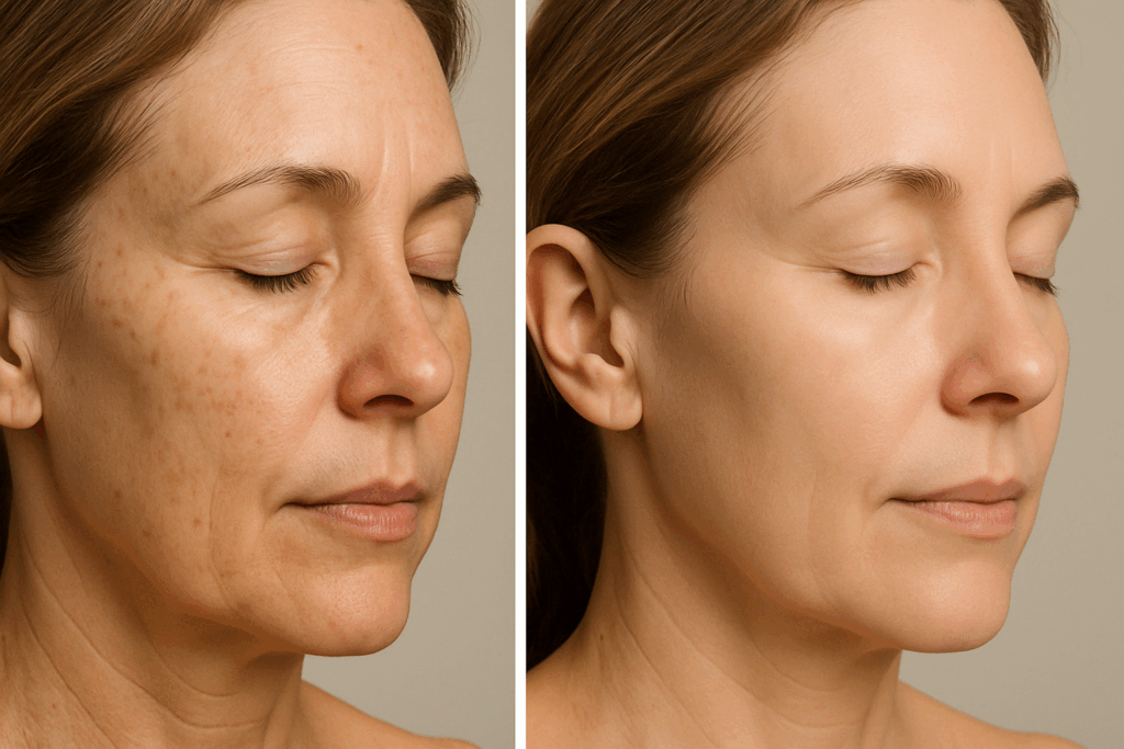 Side-by-side comparison of a woman’s face showing retinol dark spots before and after treatment with reduced pigmentation and fine lines