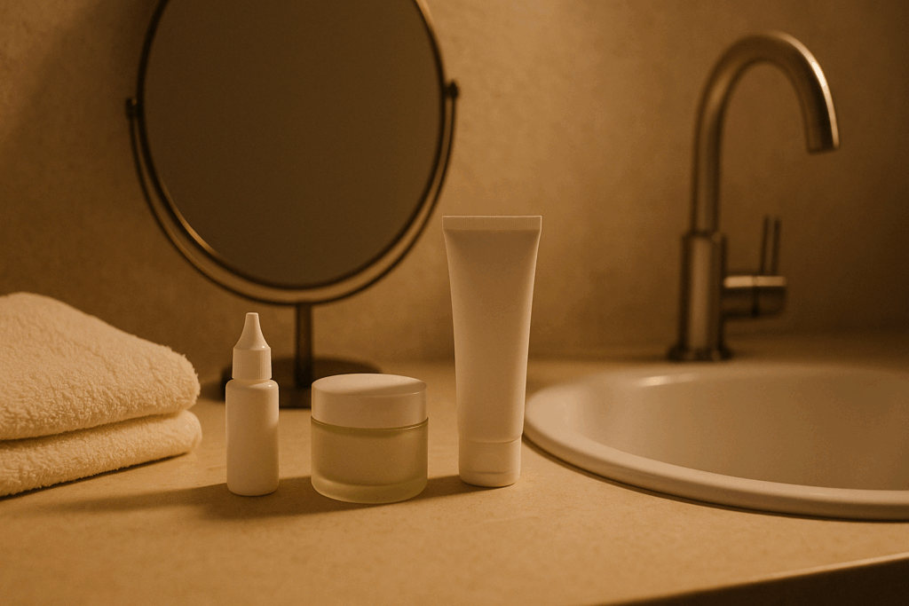 Nighttime skincare routine with retinol, moisturizer, and SPF arranged on a bathroom counter, suggesting retinol dark spots before and after results.