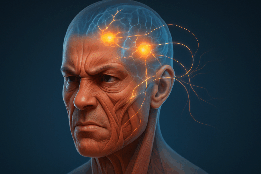 Medical illustration showing stress lines on the face with activated facial muscles and neural pathways linked to brain stress centers