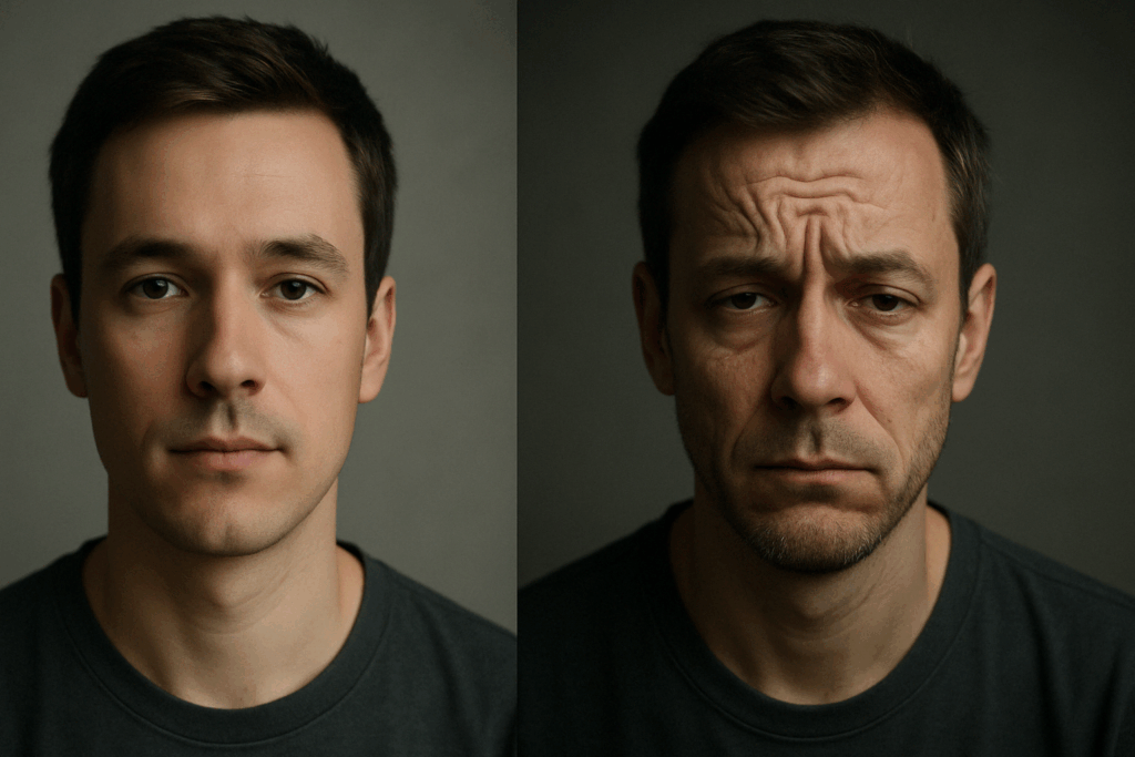 Side-by-side comparison of a man with smooth skin and another showing stress lines on the face, under-eye puffiness, and signs of emotional fatigue
