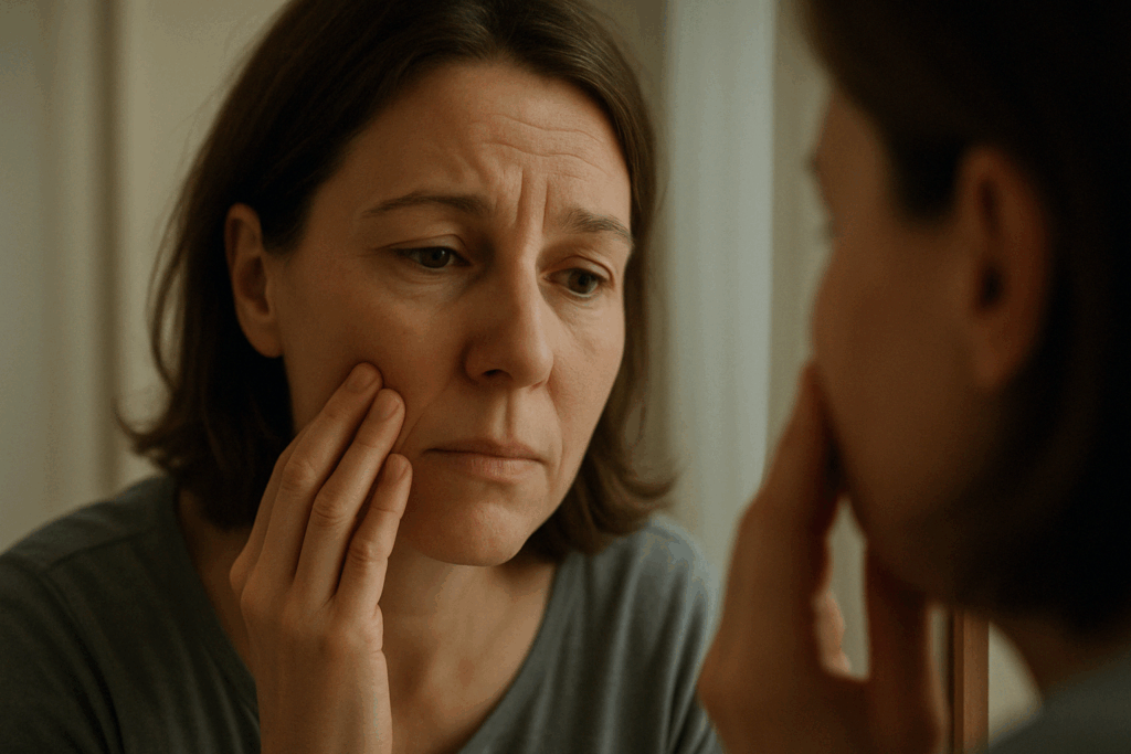 Middle-aged woman examining stress lines on the face in a mirror with a quiet, contemplative expression.
