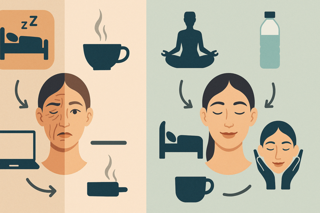 Split-screen infographic showing habits that increase or reduce stress lines on the face through symbolic illustrations.