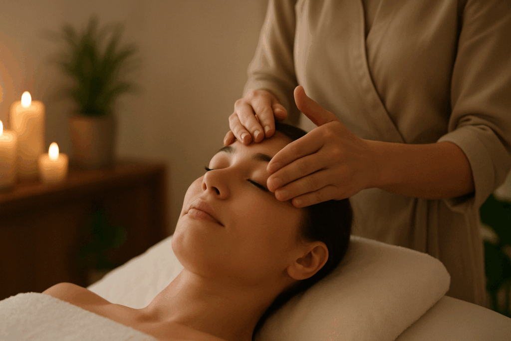 Woman receiving a facial massage in a spa setting to reduce stress lines on the face, surrounded by candles and calming decor.