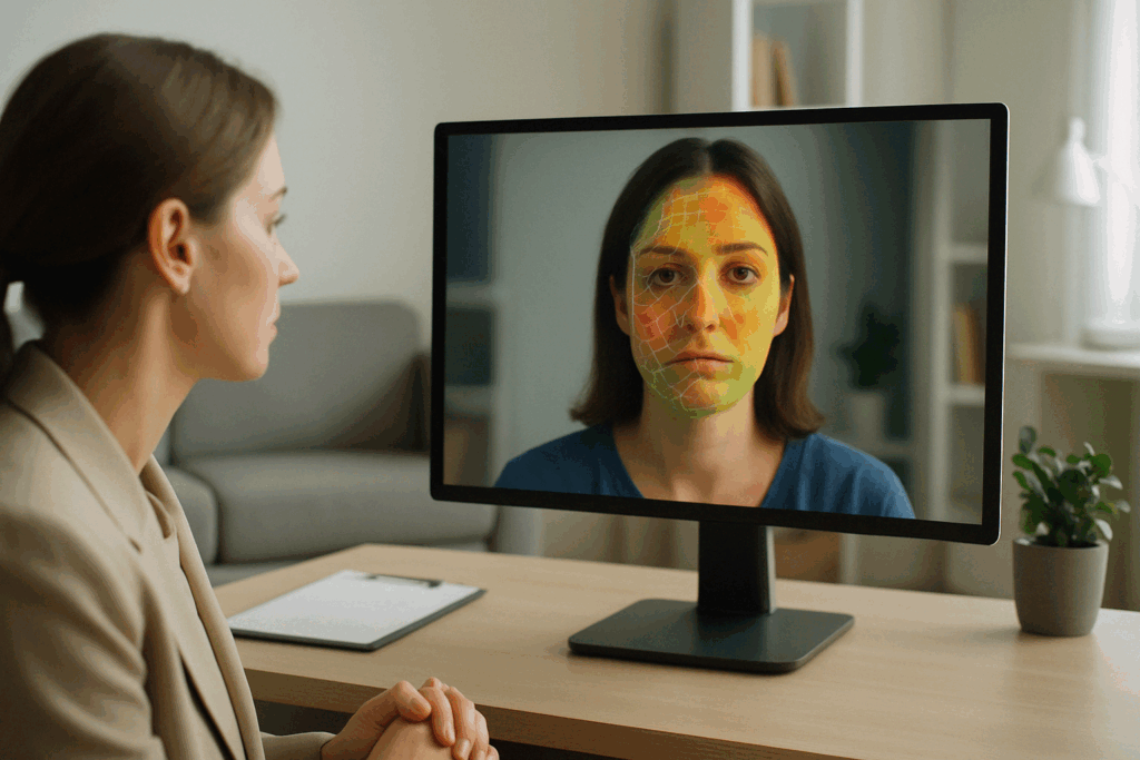 AI facial analysis scan showing thermal map and grid detecting emotional stress lines on the face during a virtual therapy session.