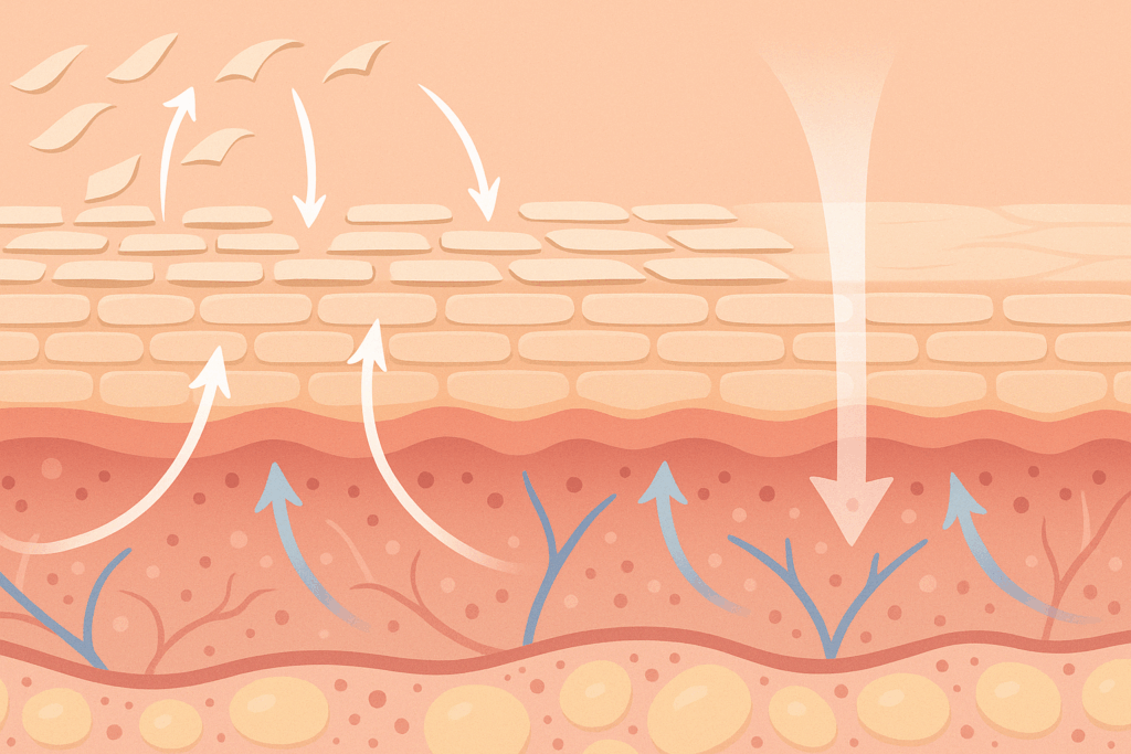Cross-sectional diagram of skin layers showing how tretinoin works for wrinkles by boosting collagen, exfoliating dead cells, and increasing cell turnover.