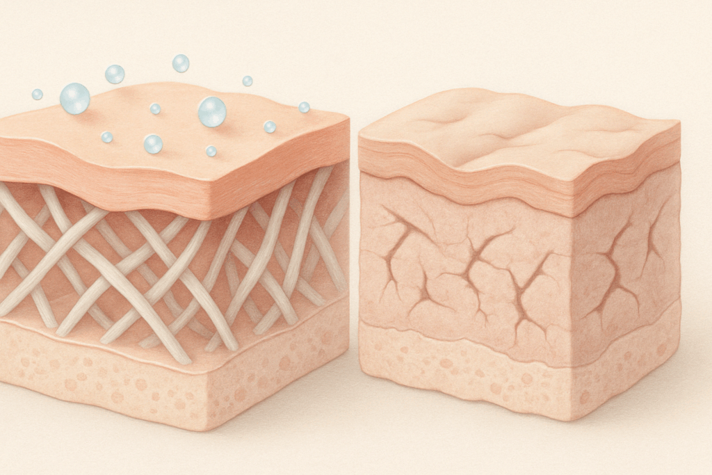 Cross-section of skin showing how tretinoin works for wrinkles by increasing collagen in hydrated skin versus sparse collagen in aged skin