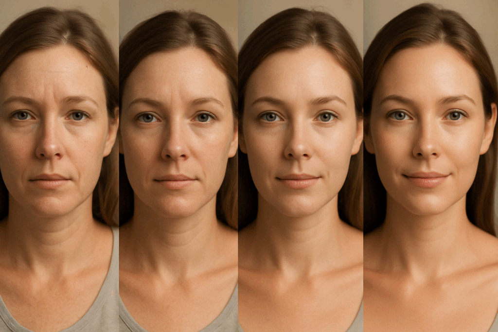 Woman's face subtly transforming over months, showing how tretinoin works for wrinkles by reducing fine lines and enhancing skin radiance.