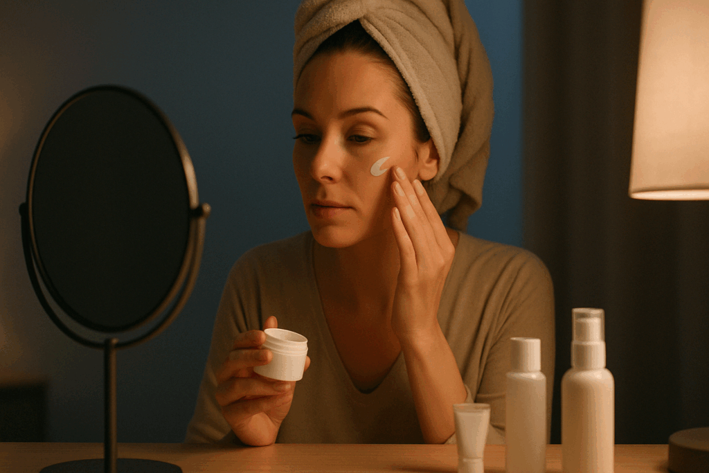 Woman gently applying nighttime cream in front of mirror as part of routine showing how tretinoin works for wrinkles