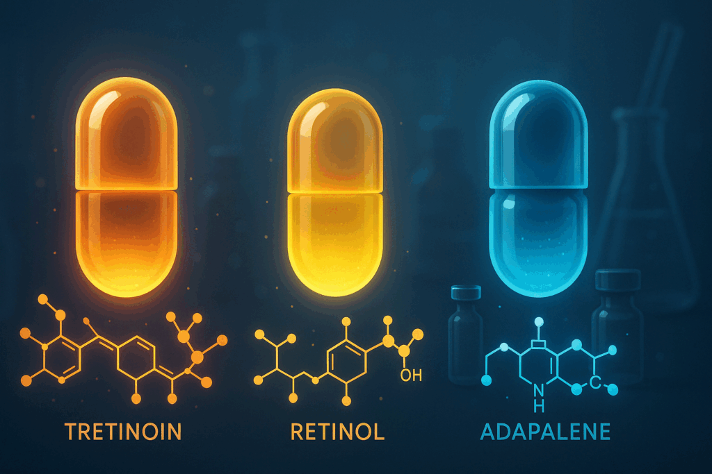 Conceptual comparison of how tretinoin works for wrinkles versus retinol and adapalene, shown as glowing capsules with molecular models in a lab setting