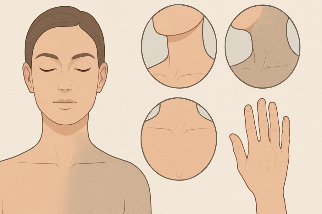 Medical illustration showing how tretinoin works for wrinkles by smoothing skin on the face, neck, chest, and hands compared to rough untreated areas