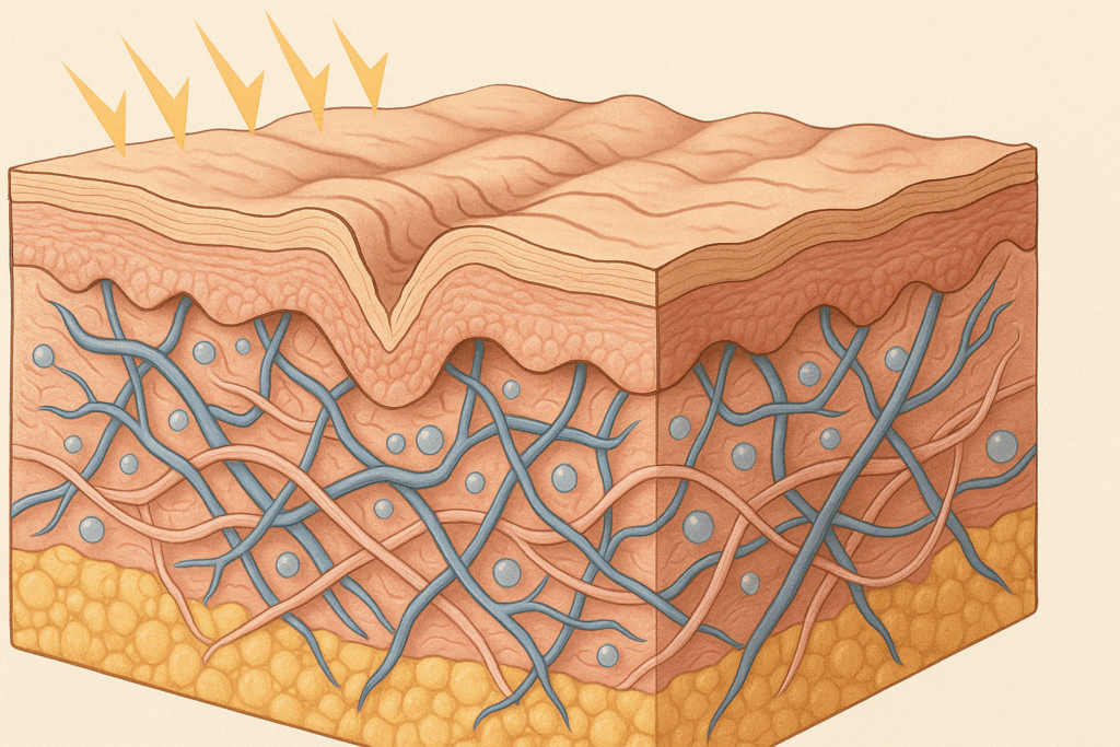 Cross-section illustration of aging skin layers showing collagen loss, weakened elastin, and UV damage relevant to skin care for fine line
