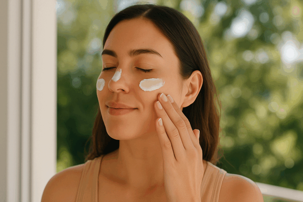 Woman applying sunscreen to her face in natural daylight, emphasizing preventive skin care for fine lines.