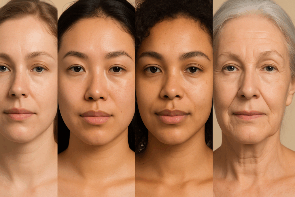 Four diverse women with dry, oily, combination, and mature skin types, highlighting natural textures for choosing skin care for fine lines