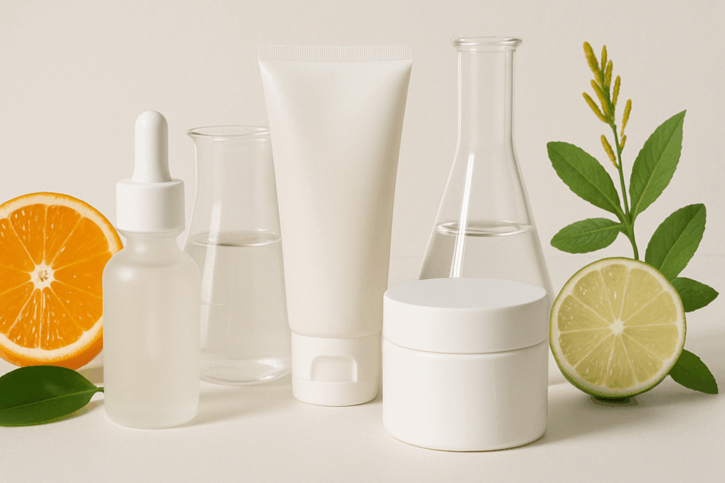 Flat-lay of minimalist skin care for fine lines products with citrus fruits, green botanicals, and lab glassware suggesting natural and clinical ingredients