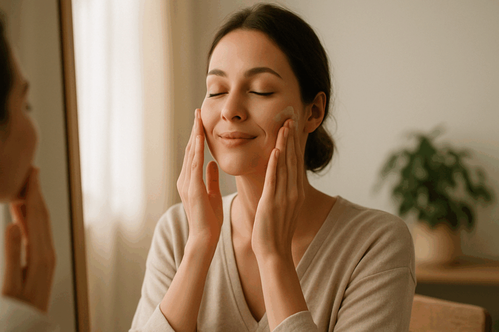 Woman smiling softly while applying cream to her face in natural morning light, practicing mindful skin care for fine lines