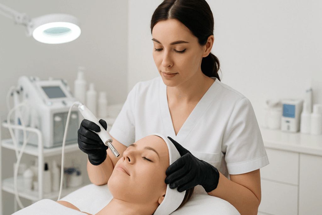 Licensed esthetician performing a clinical microneedling treatment to support skin care for fine lines in a modern professional setting.