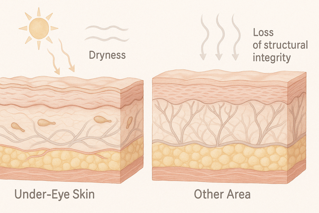 Cross-sectional skin diagram showing why the under-eye area ages faster than other facial regions, supporting use of the best cream for lines under eyes