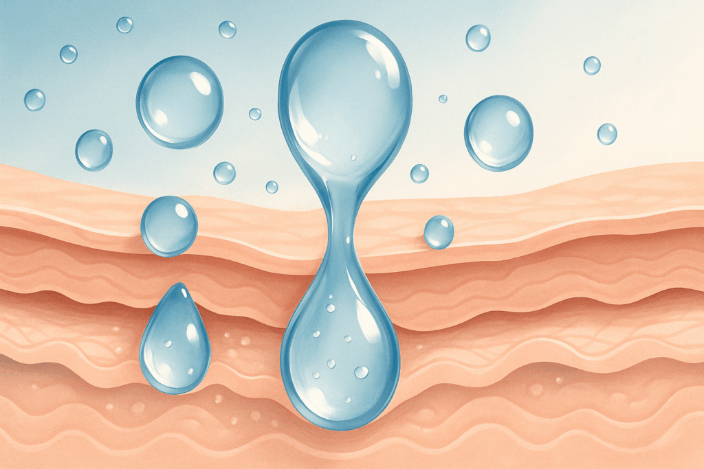 Stylized close-up of water droplets penetrating skin layers to depict how the best cream for lines under eyes hydrates and plumps delicate under-eye skin