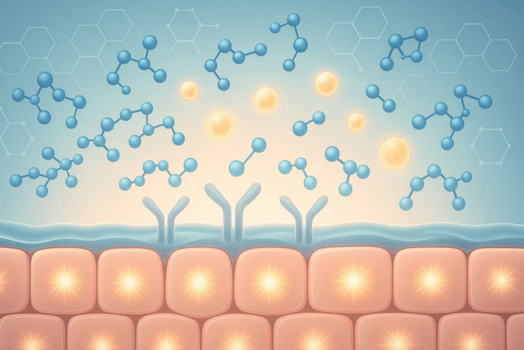 Scientific illustration of peptides and growth factors interacting with skin cells, symbolizing regeneration and the best cream for lines under eyes