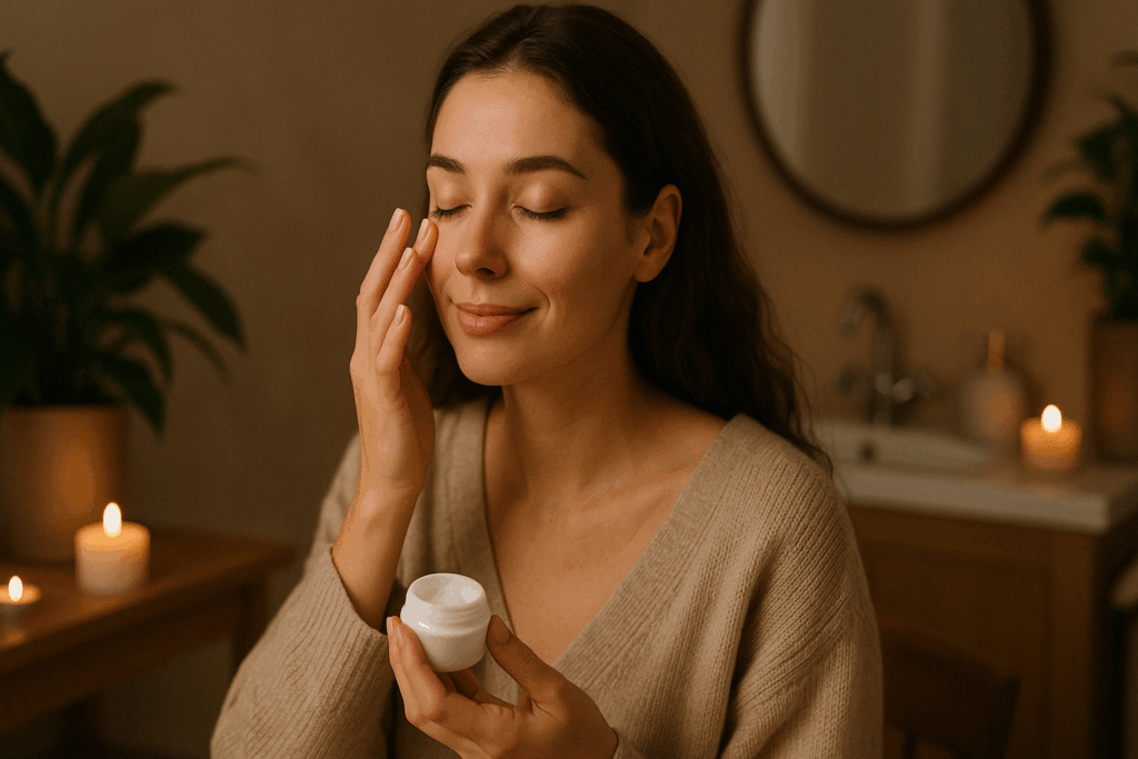 Woman applying best cream for lines under eyes in a calming, candle-lit self-care setting with plants and a bathroom vanity in the background