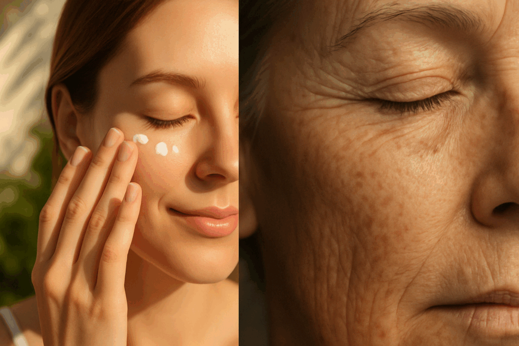 Split-screen showing a woman applying the best cream for lines under eyes in sunlight, contrasted with sun-damaged skin featuring fine lines and hyperpigmentation.