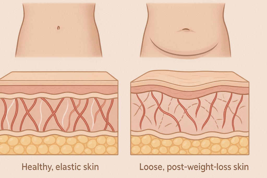 Medical illustration of abdominal skin layers showing collagen damage and sagging, relevant to best skin tightening cream for stomach after weight loss