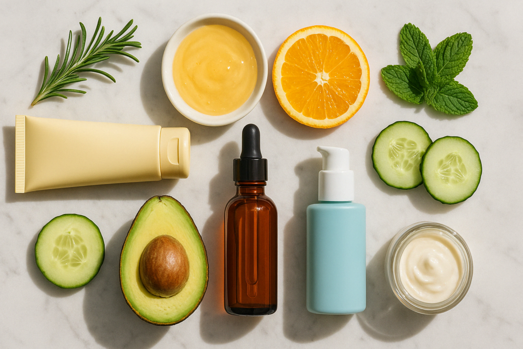 Flat lay of natural ingredients and modern bottles representing the best skin tightening cream for stomach after weight loss, including avocado, orange, mint, and cucumber on a marble surface