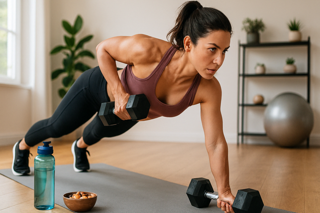 Fit woman doing core-strengthening dumbbell planks in a home gym, supporting a holistic approach alongside the best skin tightening cream for stomach after weight loss.