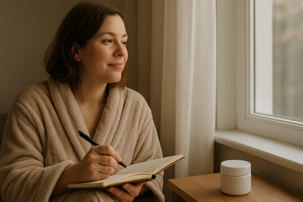 Woman in a cozy bathrobe journaling by a window with a jar of the best skin tightening cream for stomach after weight loss beside her.