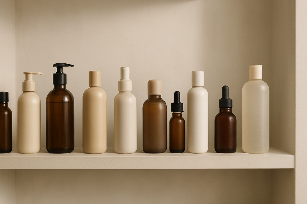 Minimalist display of skincare bottles in neutral tones at a luxury boutique, suggesting options for the best skin tightening cream for stomach after weight loss.