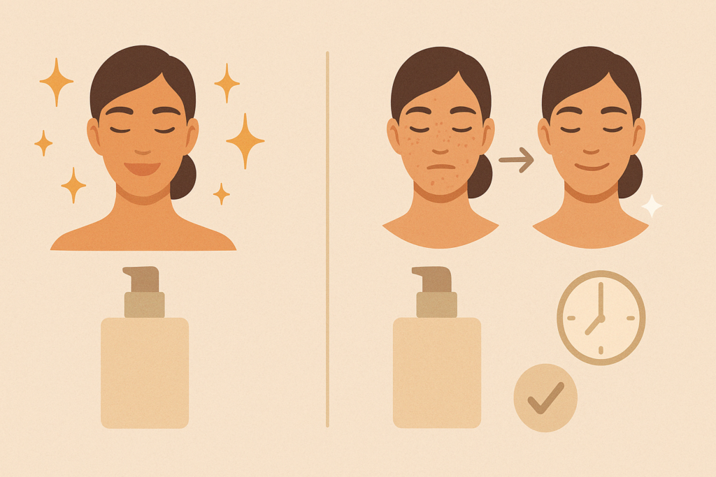 Visual comparison of marketing claims versus real results for the best skin tightening cream for stomach after weight loss, showing idealized instant glow versus gradual improvement with time, checkmarks, and clock