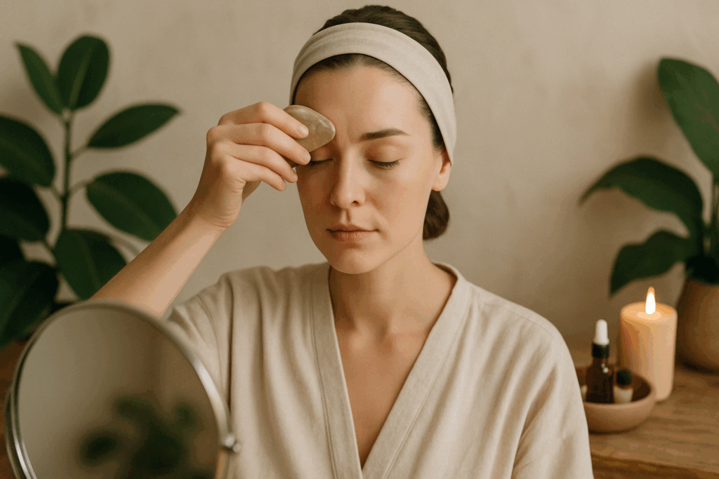 A young woman using a jade gua sha tool on her forehead in front of a mirror, practicing facial massage as part of a self-care routine to learn how to get rid of 11 lines without botox