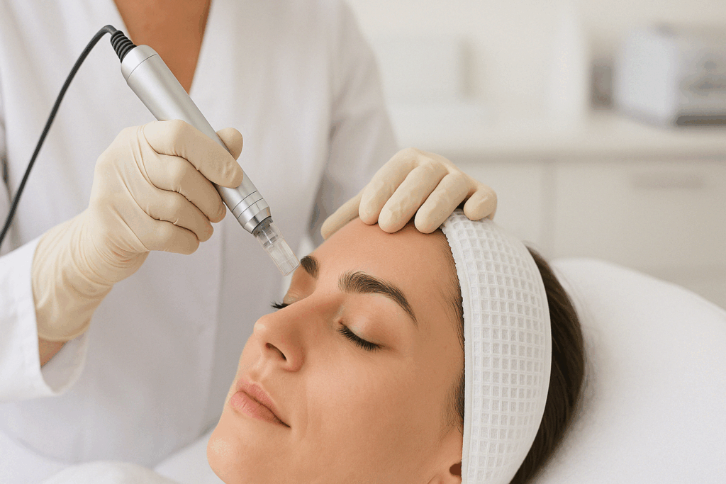 Dermatologist performing microneedling treatment on a patient’s glabellar region, a non-invasive method to reduce 11 lines without Botox, in a clean, professional clinical setting