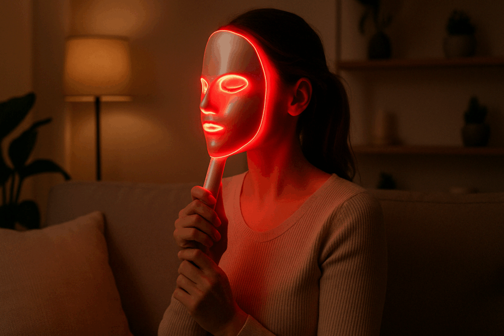 Fair-skinned woman using a red LED light therapy device at home, focusing on how to get rid of 11 lines without botox. The cozy environment highlights her relaxed skin care routine