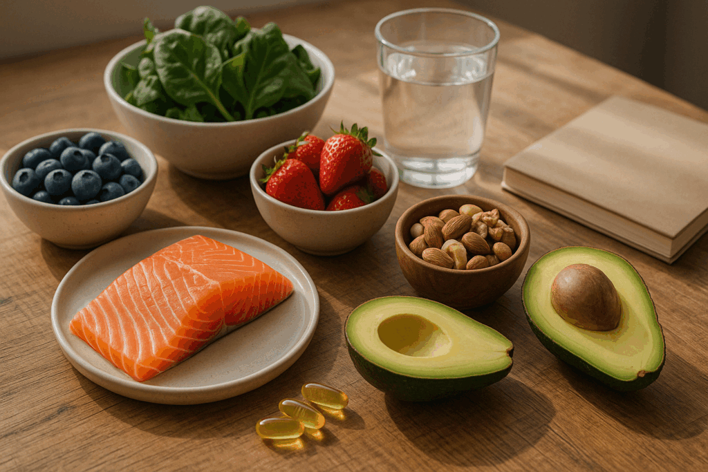 Healthy foods like salmon, avocado, berries, nuts, and leafy greens arranged on a wooden table to support skin health and show how to get rid of 11 lines without botox.