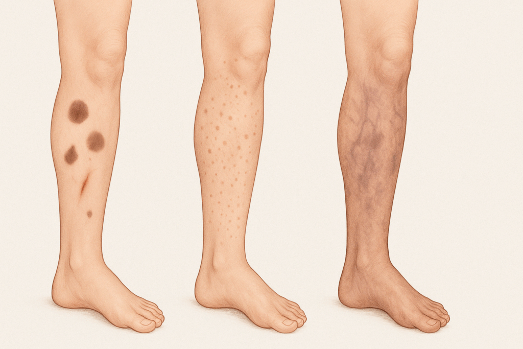 Medical illustration showing causes of leg hyperpigmentation—post-inflammatory spots, sun damage, and circulation issues—for understanding how to get rid of dark spots on legs