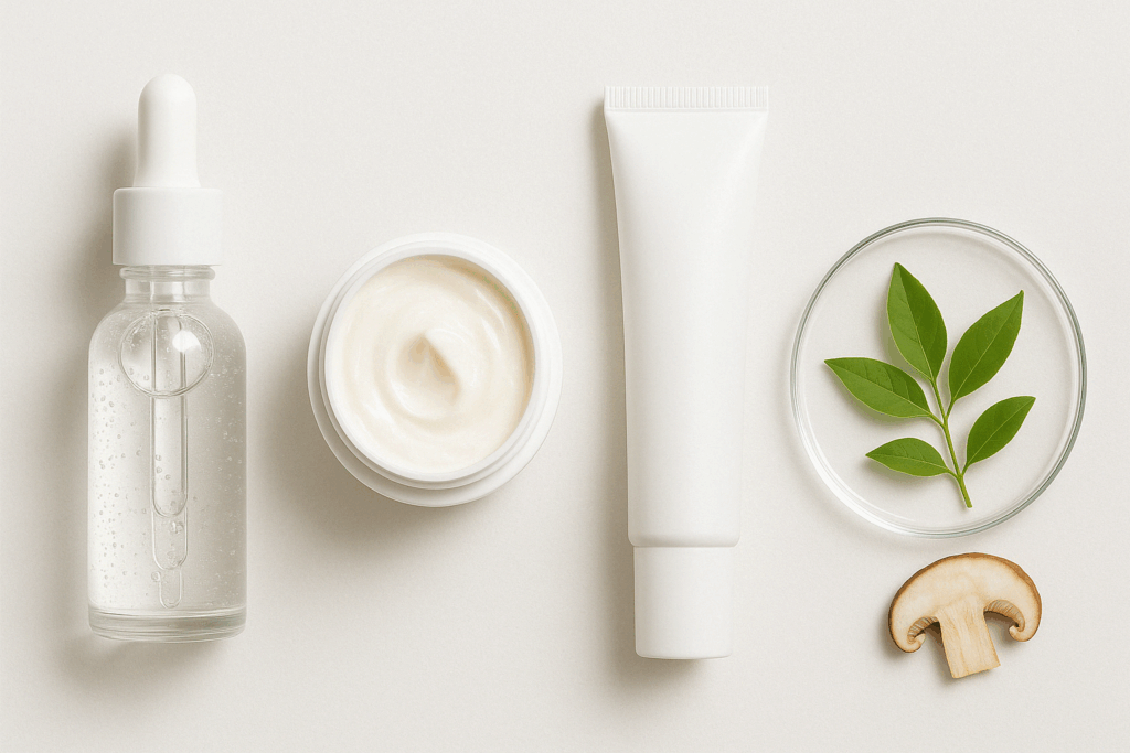 Clinical flat lay of skincare products like niacinamide, retinol, and hydroquinone used in treatments for how to get rid of dark spots on legs.