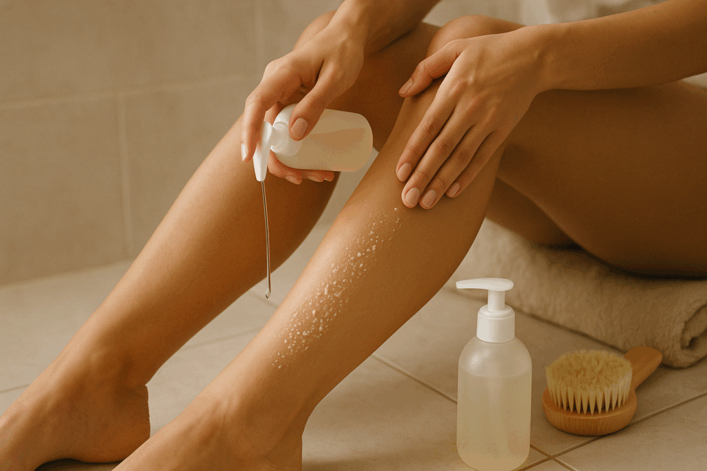 Hands applying chemical exfoliant to legs with visible skin improvement, showing how to get rid of dark spots on legs.
