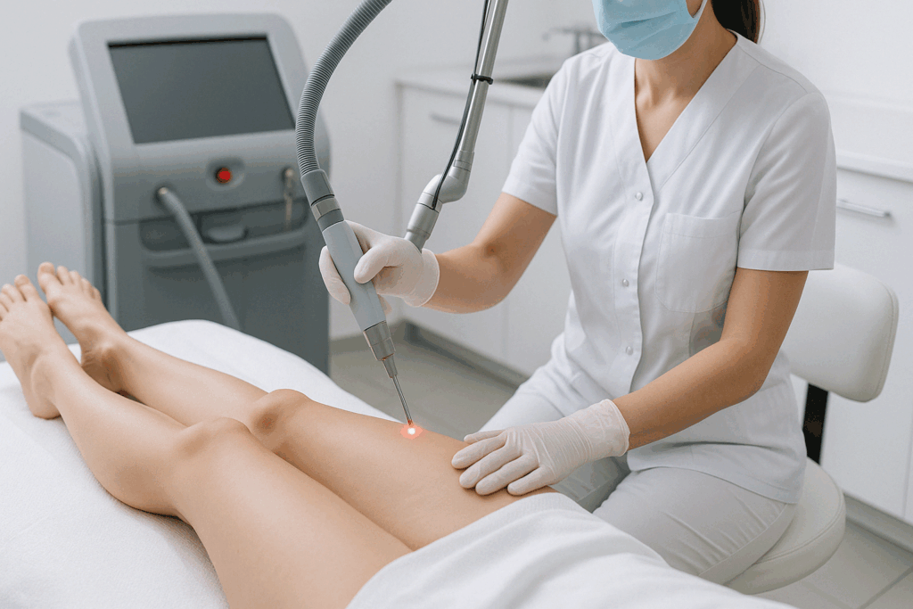 Dermatologist performing laser treatment on a patient’s lower legs in a clinic, demonstrating how to get rid of dark spots on legs safely