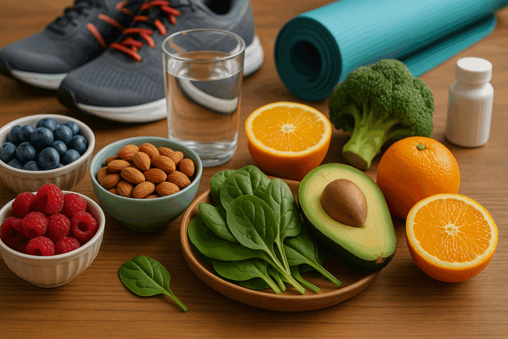Healthy foods like berries, spinach, avocado, and citrus fruits with yoga mat and running shoes in background, emphasizing diet and wellness in how to get rid of dark spots on legs.