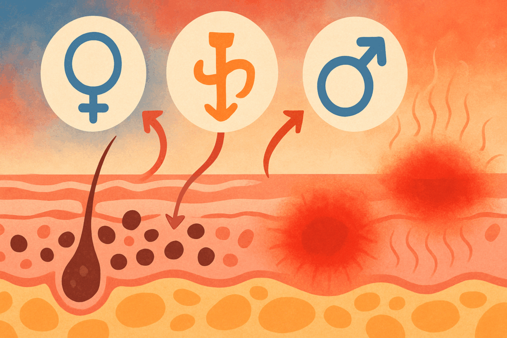 Abstract illustration symbolizing how to get rid of dark spots on the neck and under the breasts by addressing hormonal imbalance, insulin resistance, and skin inflammation