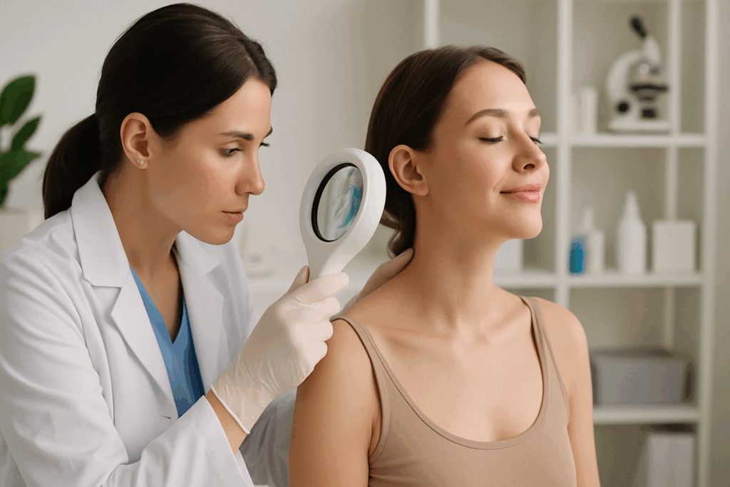 Dermatologist examines patient’s neck in clinic setting, showing how to get rid of dark spots on the neck and under the breasts.