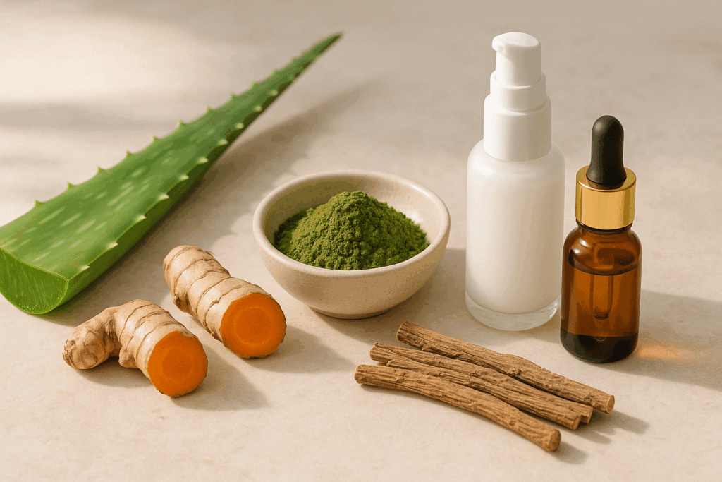 Natural skincare ingredients like aloe vera, turmeric, green tea, and licorice root used in remedies for how to get rid of dark spots on the neck and under the breasts.