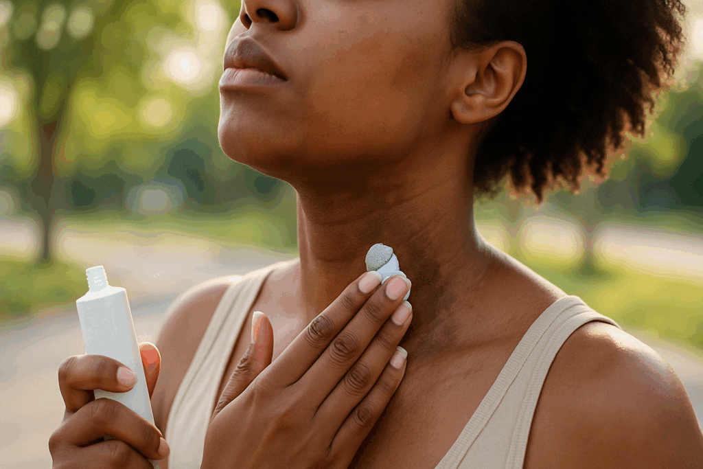 Young woman applying cream to her neck outdoors in soft natural light, illustrating how to get rid of dark spots on the neck and under the breasts using expert-recommended skincare.