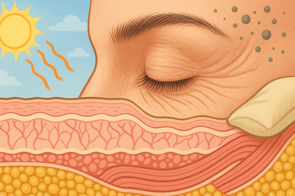 Anatomical cross-section of skin layers around the eye showing causes of aging, including UV rays, collagen loss, and sleep pressure—illustrating how to get rid of fine lines under eyes