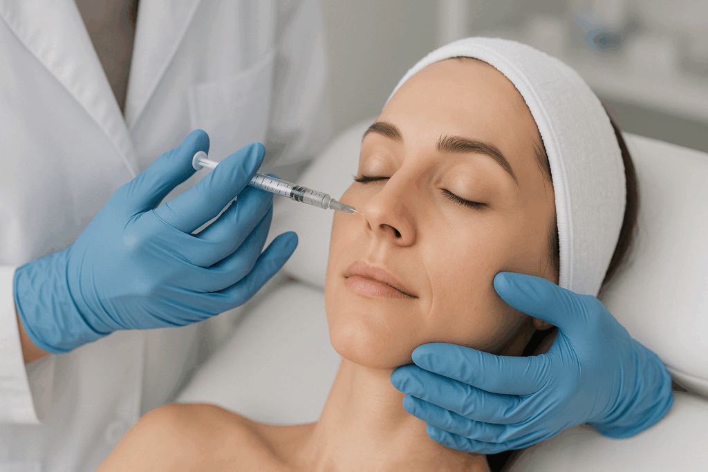 Dermatologist performing precise under-eye injection on a relaxed patient in a clinical setting, showing how to get rid of fine lines under eyes.